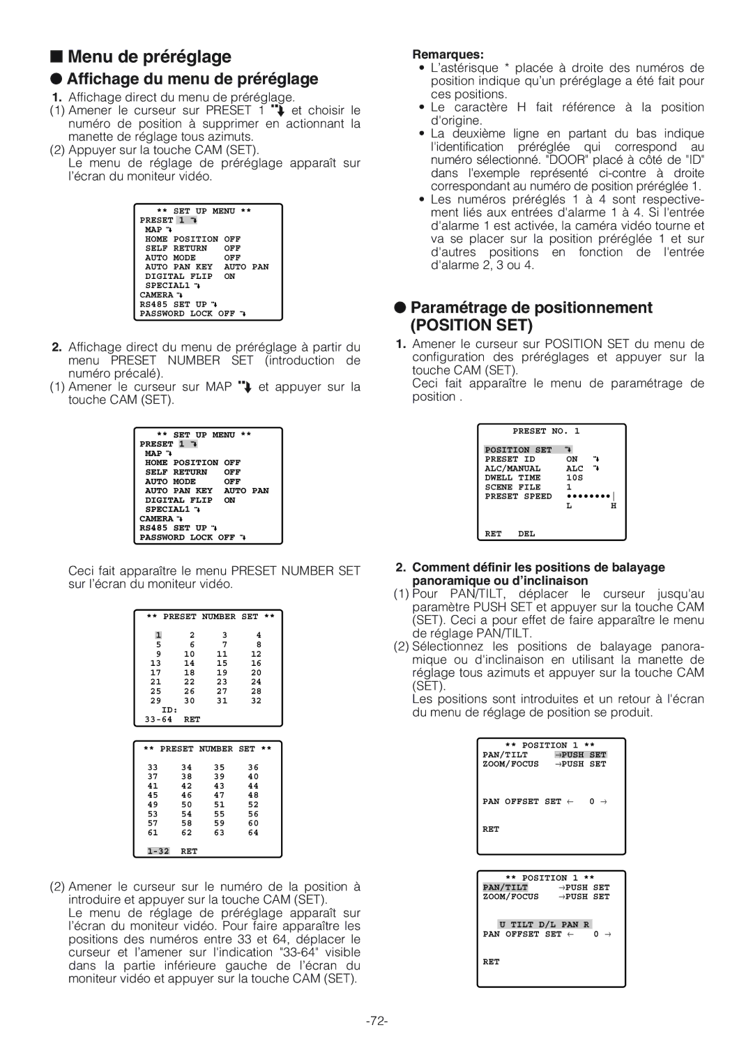 Panasonic WV-CW864A Menu de préréglage, Affichage du menu de préréglage, Paramétrage de positionnement, Position SET 