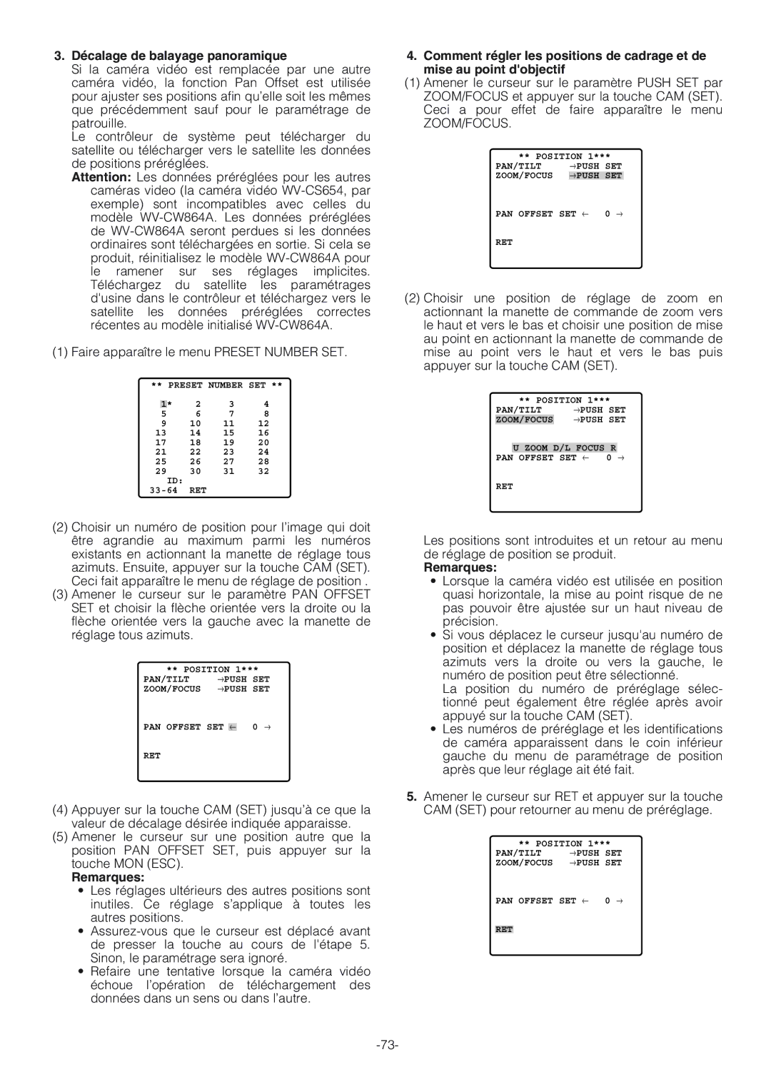 Panasonic WV-CW864A operating instructions Décalage de balayage panoramique, Zoom/Focus 