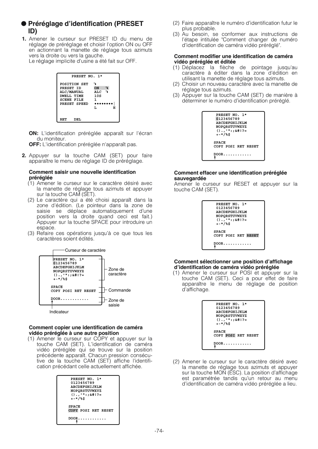 Panasonic WV-CW864A Préréglage d’identification Preset, Comment saisir une nouvelle identification préréglée 