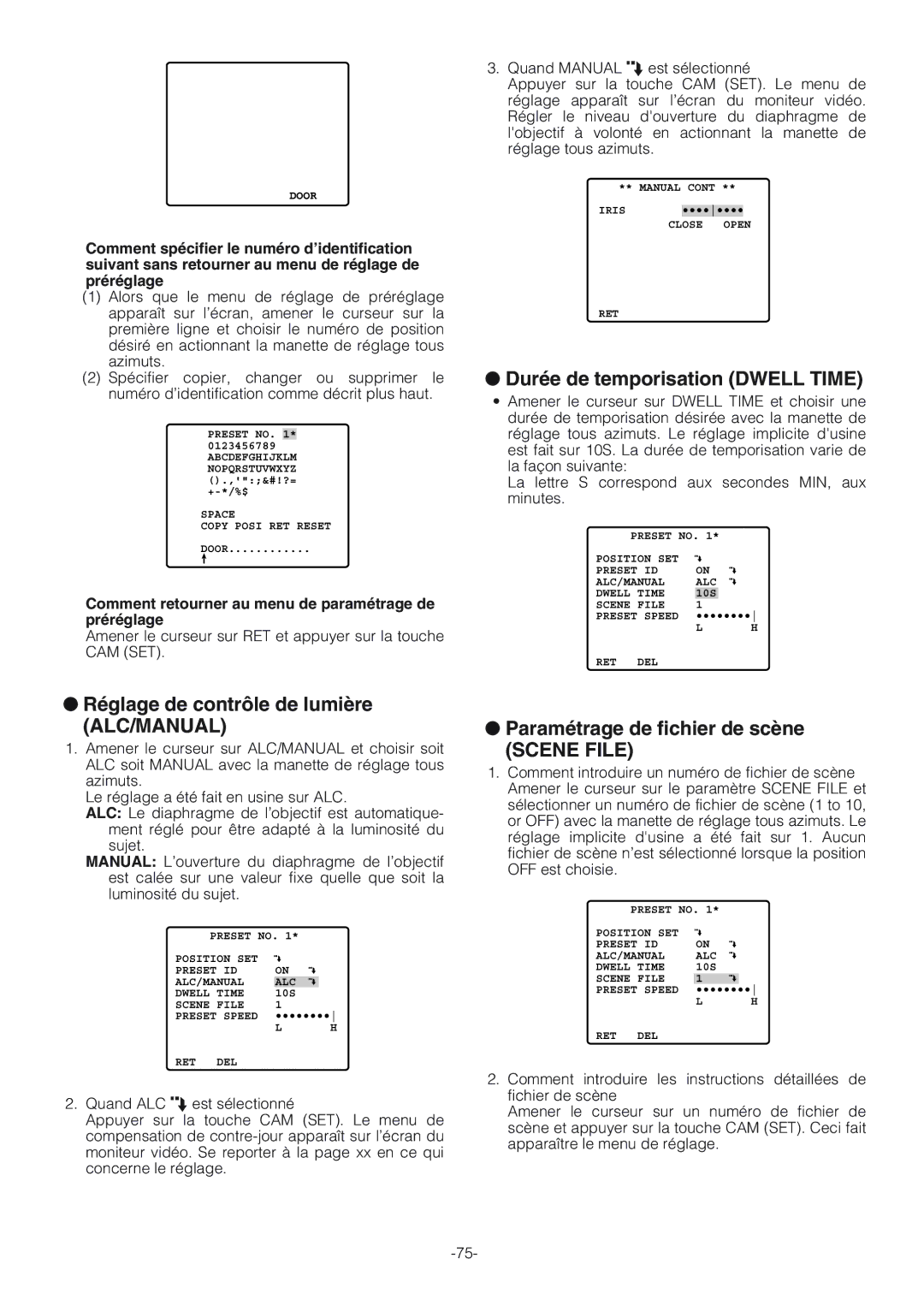 Panasonic WV-CW864A Durée de temporisation Dwell Time, Réglage de contrôle de lumière, Alc/Manual, Scene File 