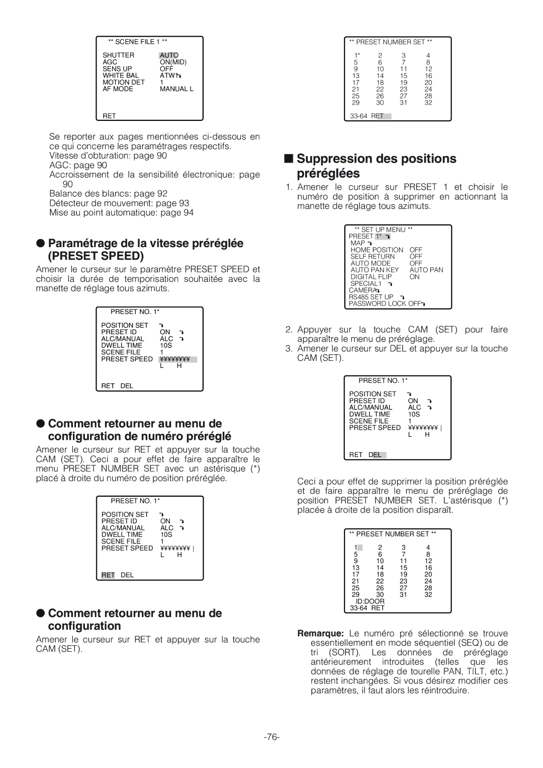 Panasonic WV-CW864A Suppression des positions Préréglées, Paramétrage de la vitesse préréglée, Preset Speed 