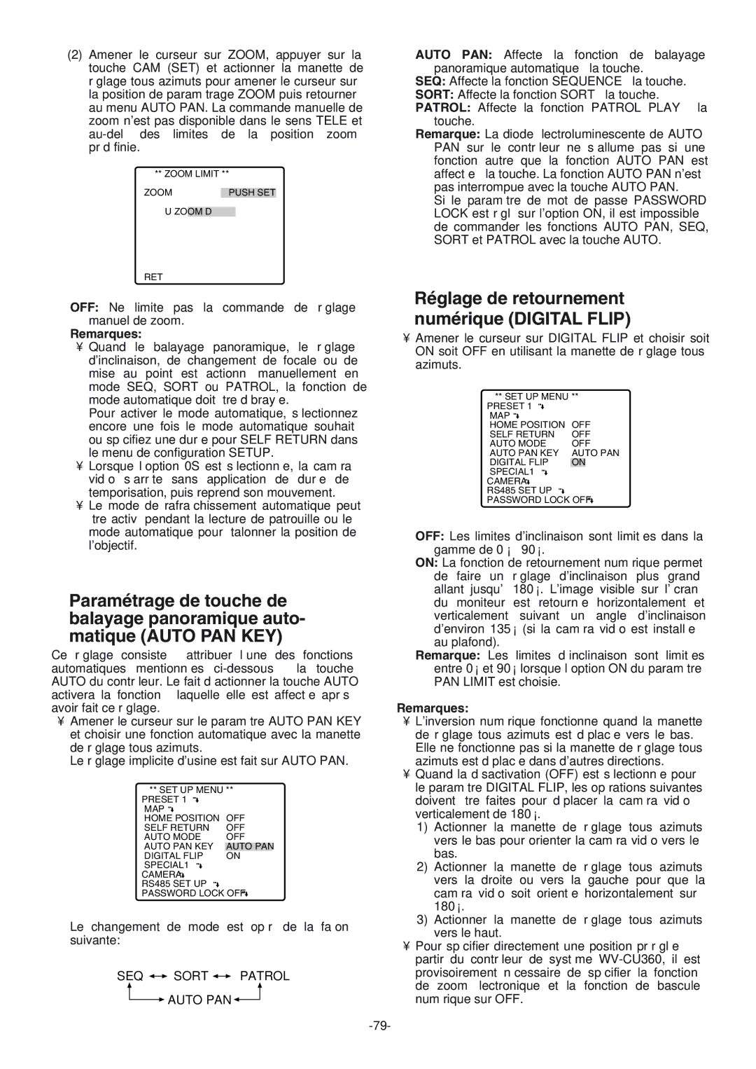 Panasonic WV-CW864A operating instructions Réglage de retournement Numérique Digital Flip, Remarques 