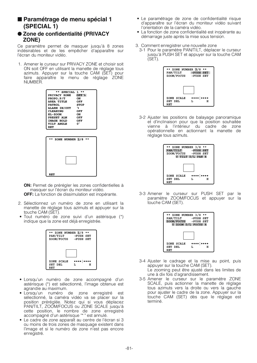 Panasonic WV-CW864A operating instructions Paramétrage de menu spécial 1 Special, Zone de confidentialité Privacy 