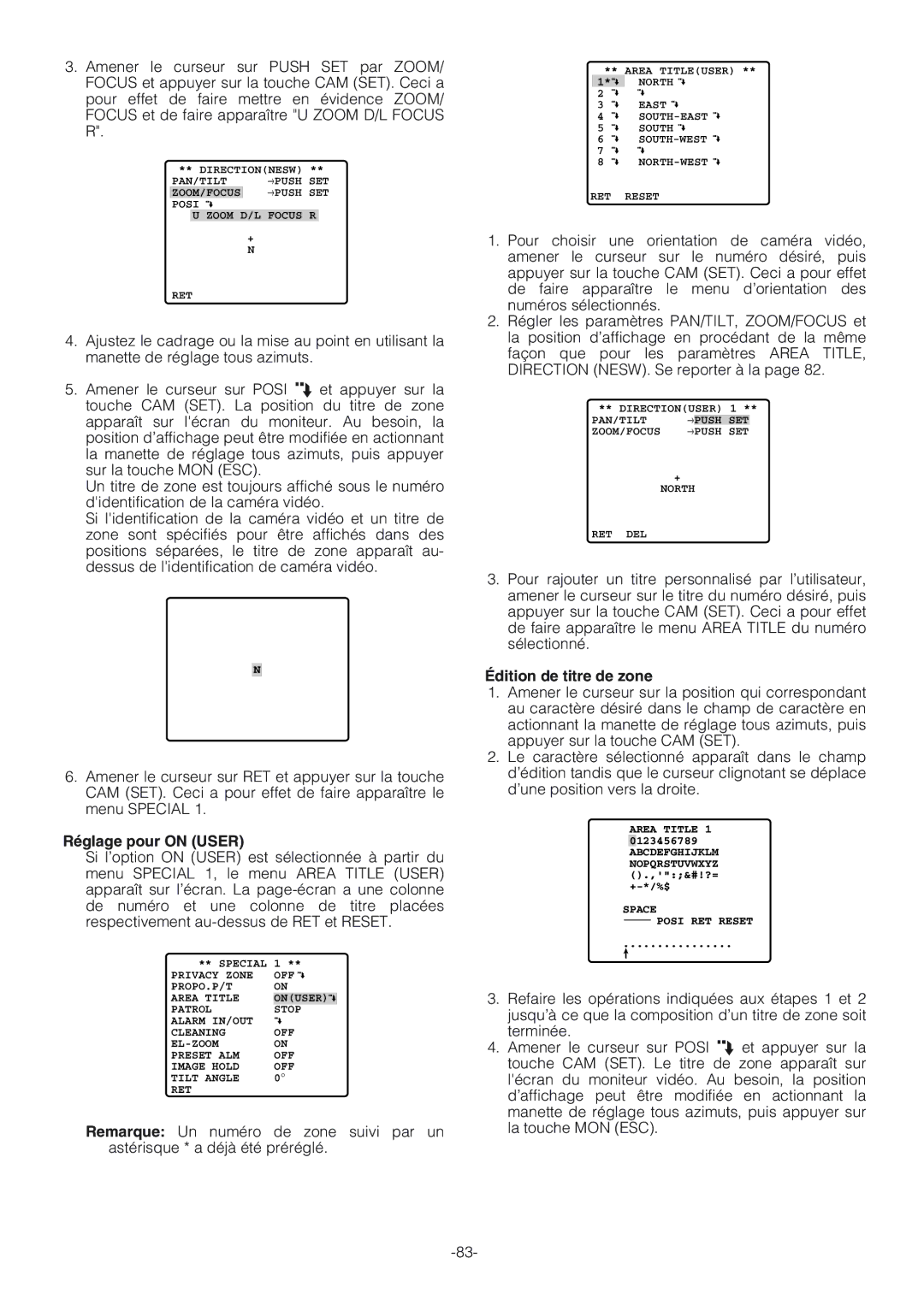 Panasonic WV-CW864A operating instructions Réglage pour on User, Édition de titre de zone 