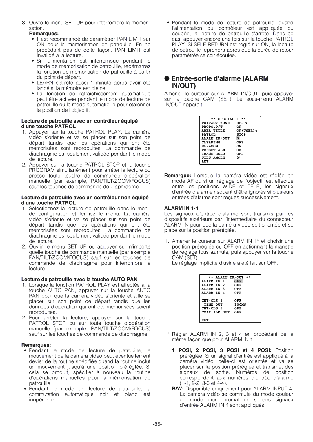 Panasonic WV-CW864A Entrée-sortie dalarme Alarm, In/Out, Lecture de patrouille avec la touche Auto PAN 