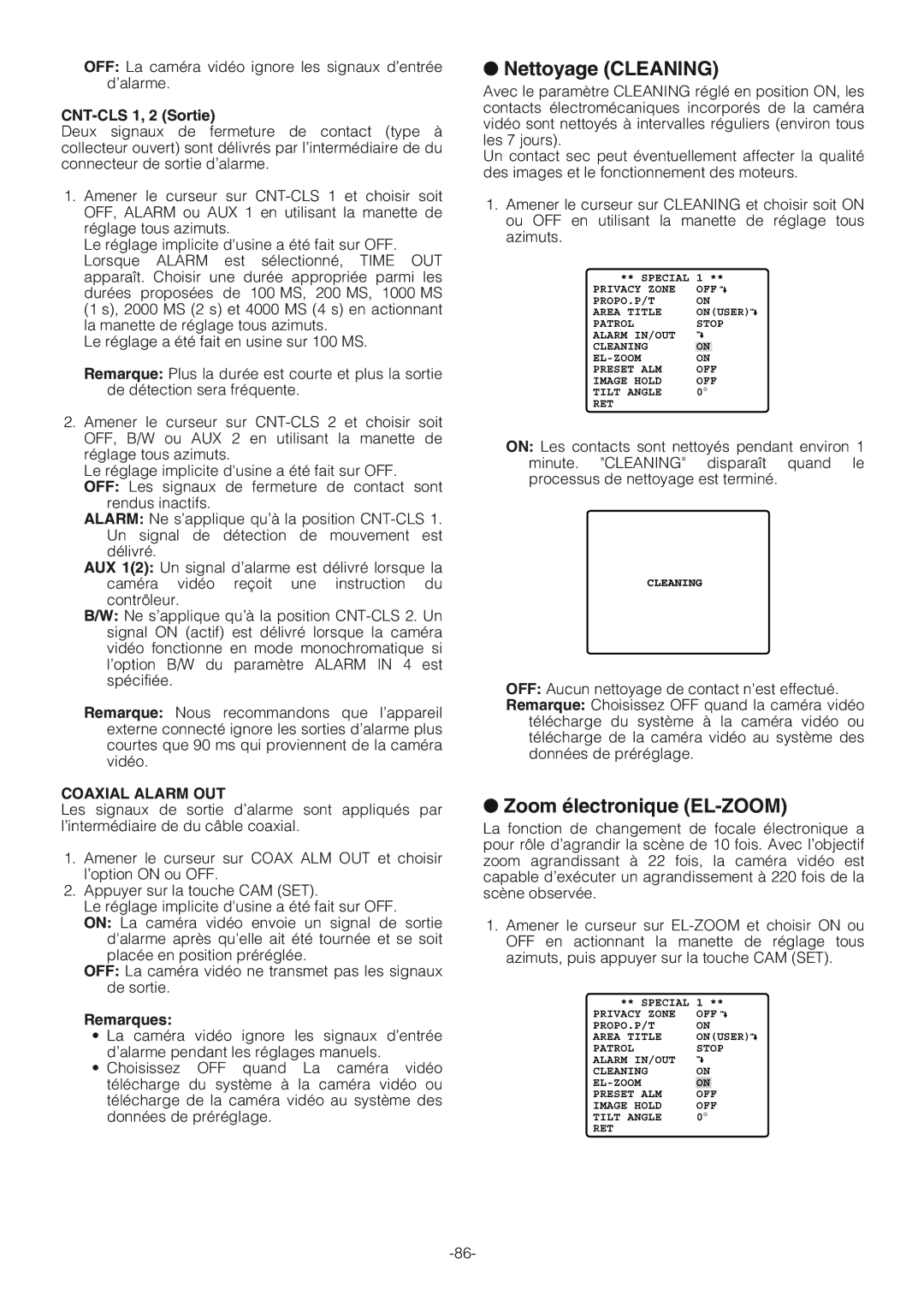 Panasonic WV-CW864A operating instructions Nettoyage Cleaning, Zoom électronique EL-ZOOM, CNT-CLS 1, 2 Sortie 