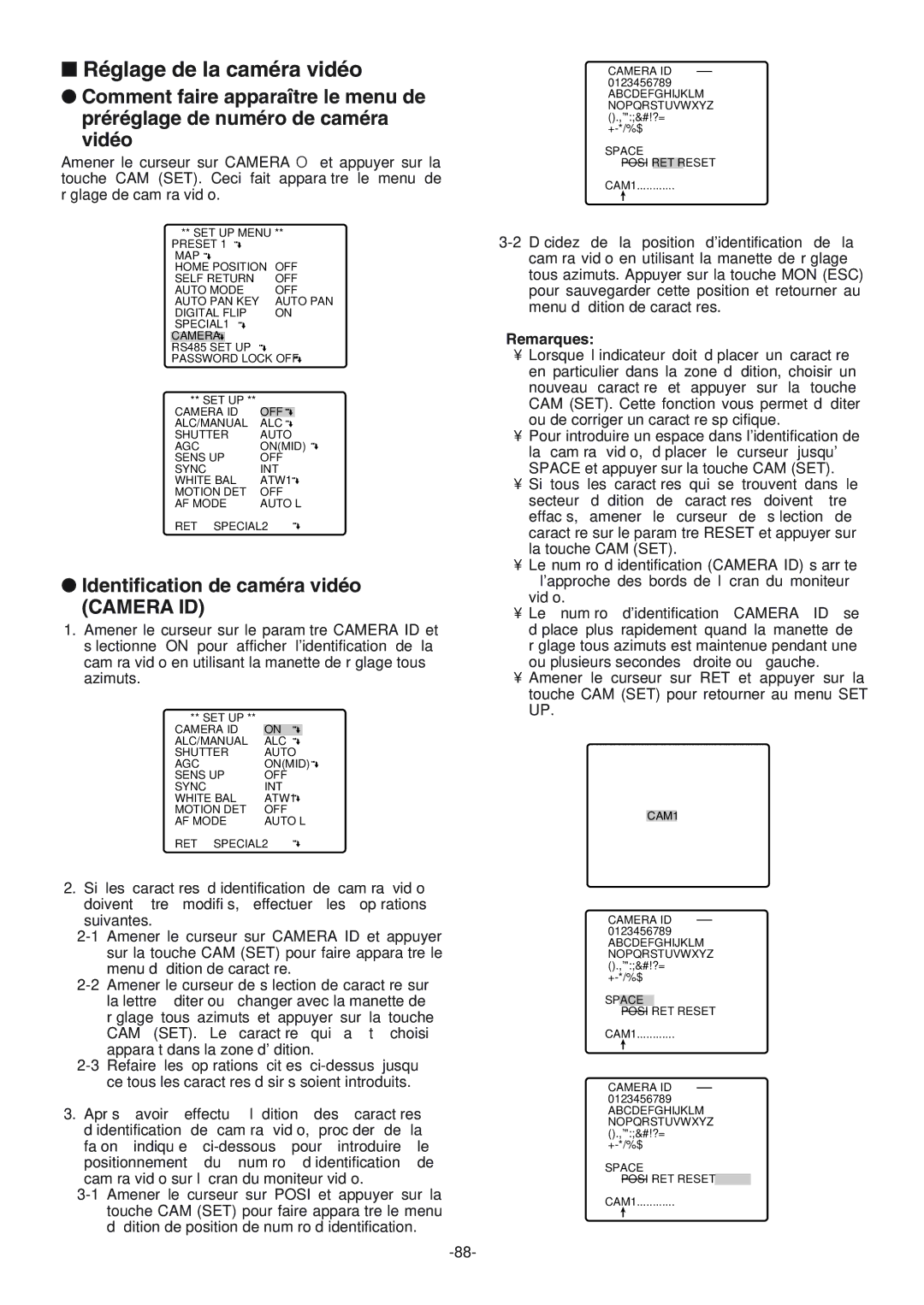 Panasonic WV-CW864A operating instructions Réglage de la caméra vidéo, Identification de caméra vidéo, Camera ID 