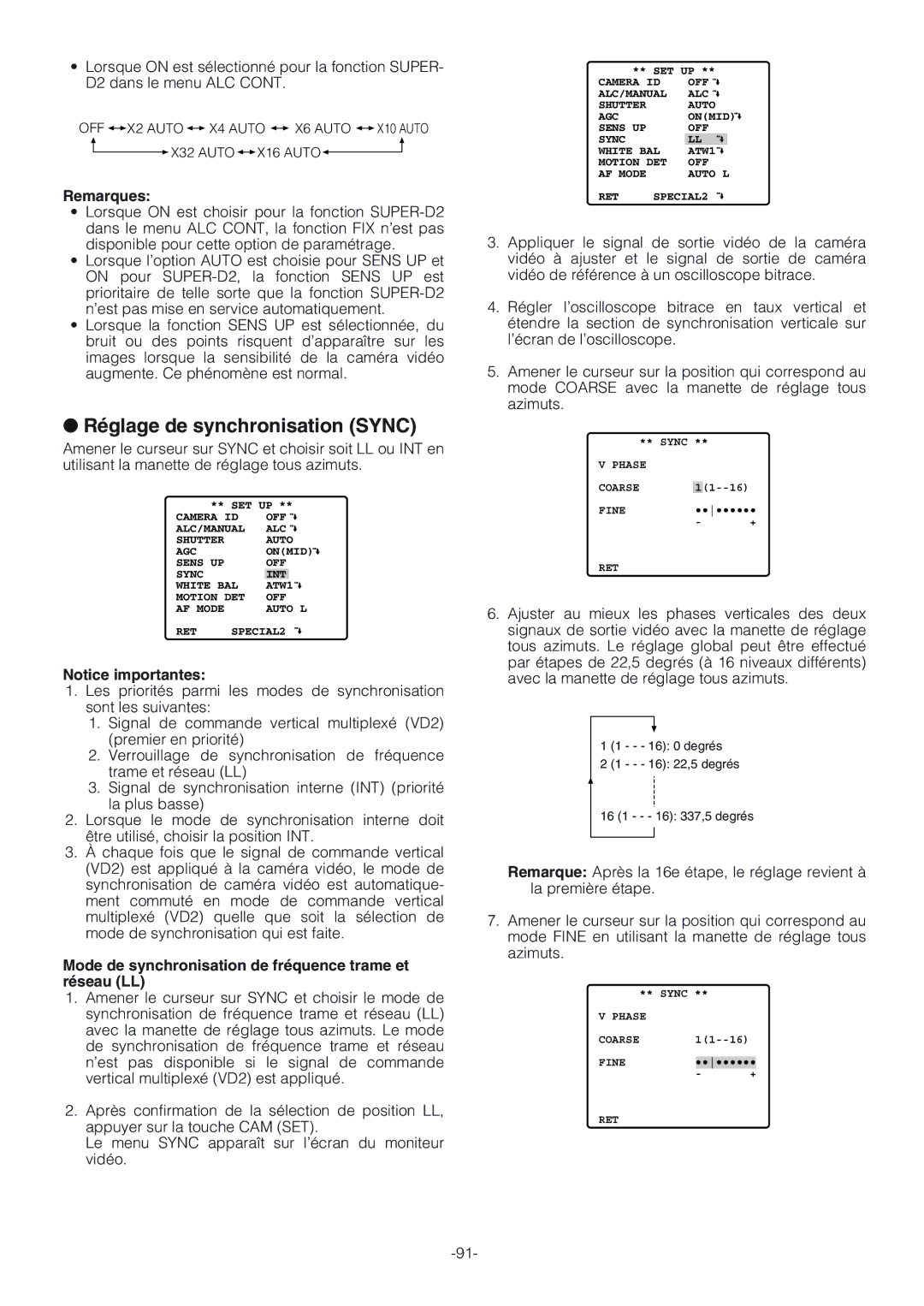 Panasonic WV-CW864A Réglage de synchronisation Sync, Mode de synchronisation de fréquence trame et réseau LL 