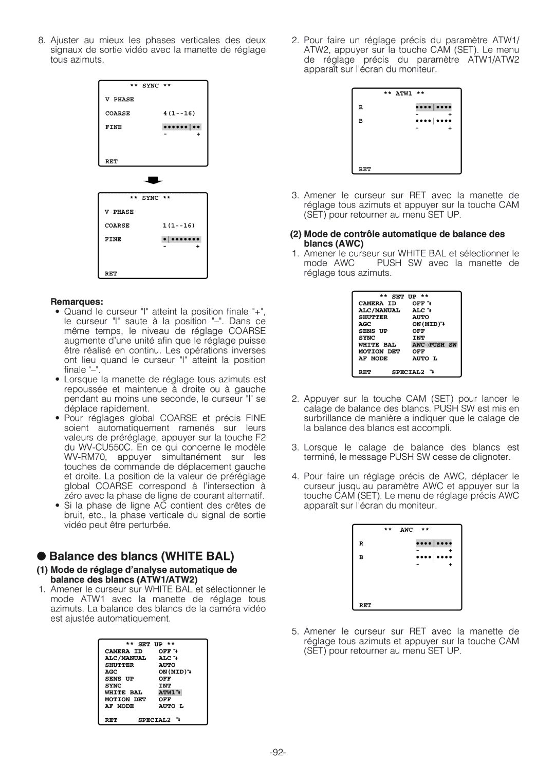 Panasonic WV-CW864A Balance des blancs White BAL, Mode de contrôle automatique de balance des blancs AWC 