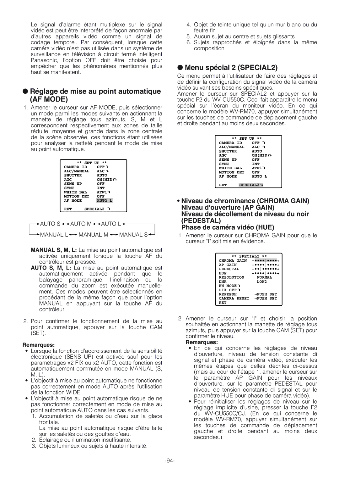 Panasonic WV-CW864A operating instructions Réglage de mise au point automatique, AF Mode, Menu spécial 2 SPECIAL2 