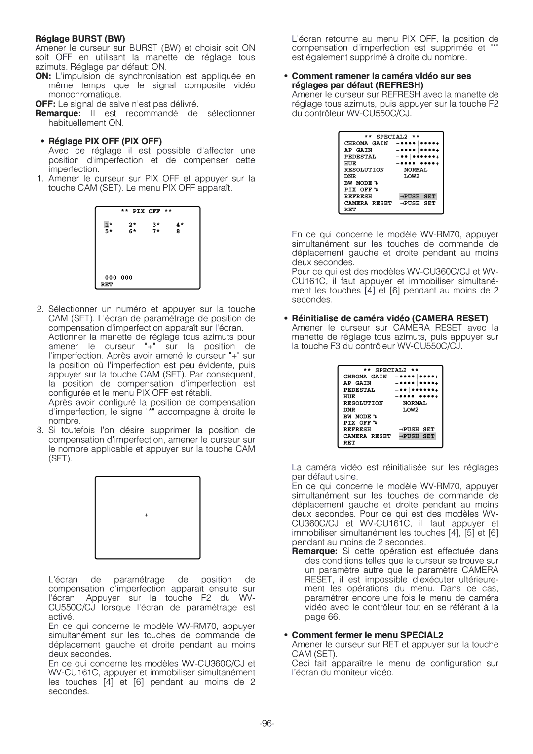 Panasonic WV-CW864A operating instructions Réglage Burst BW, Réglage PIX OFF PIX OFF, Comment fermer le menu SPECIAL2 