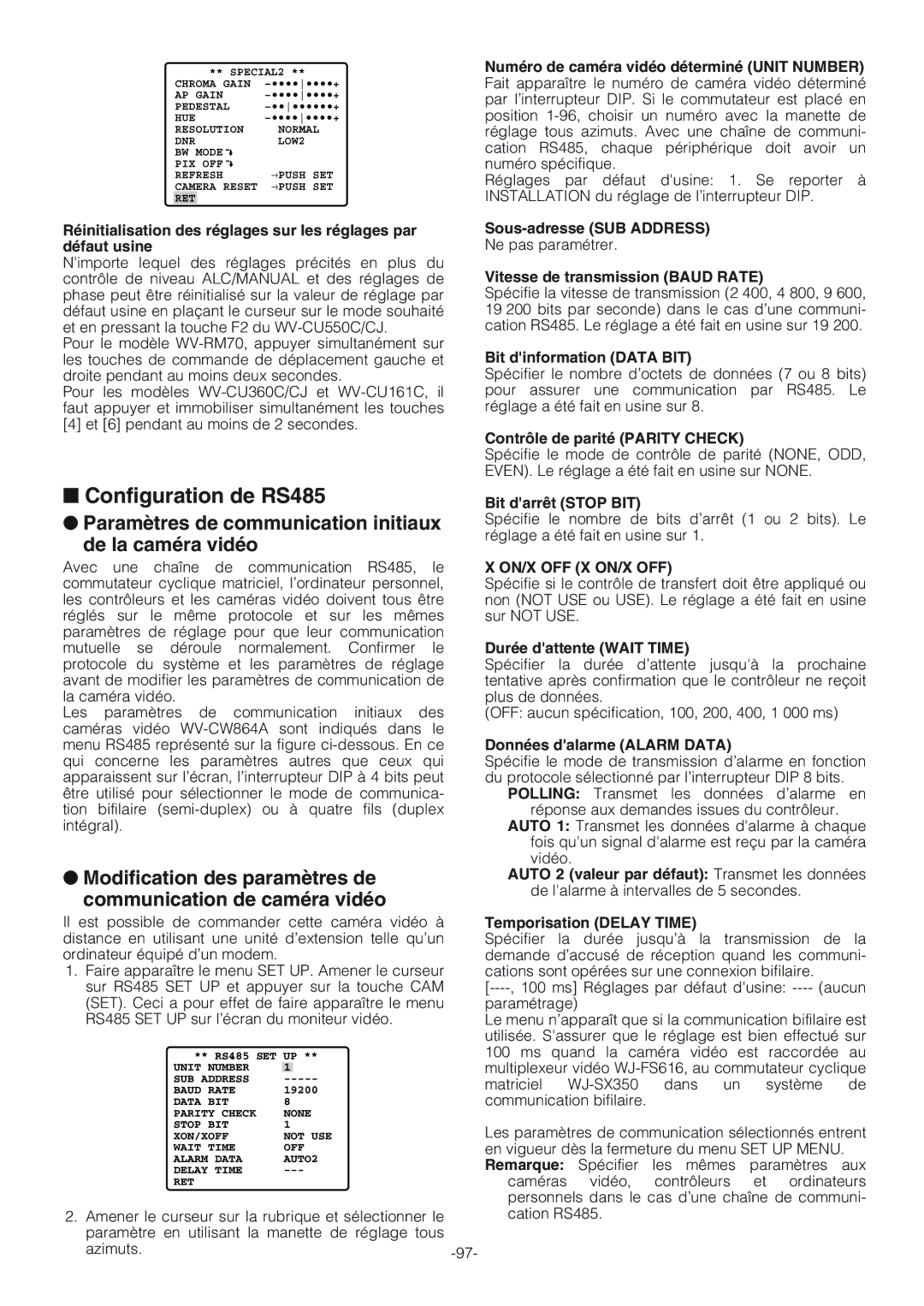 Panasonic WV-CW864A operating instructions Configuration de RS485, Paramètres de communication initiaux De la caméra vidéo 