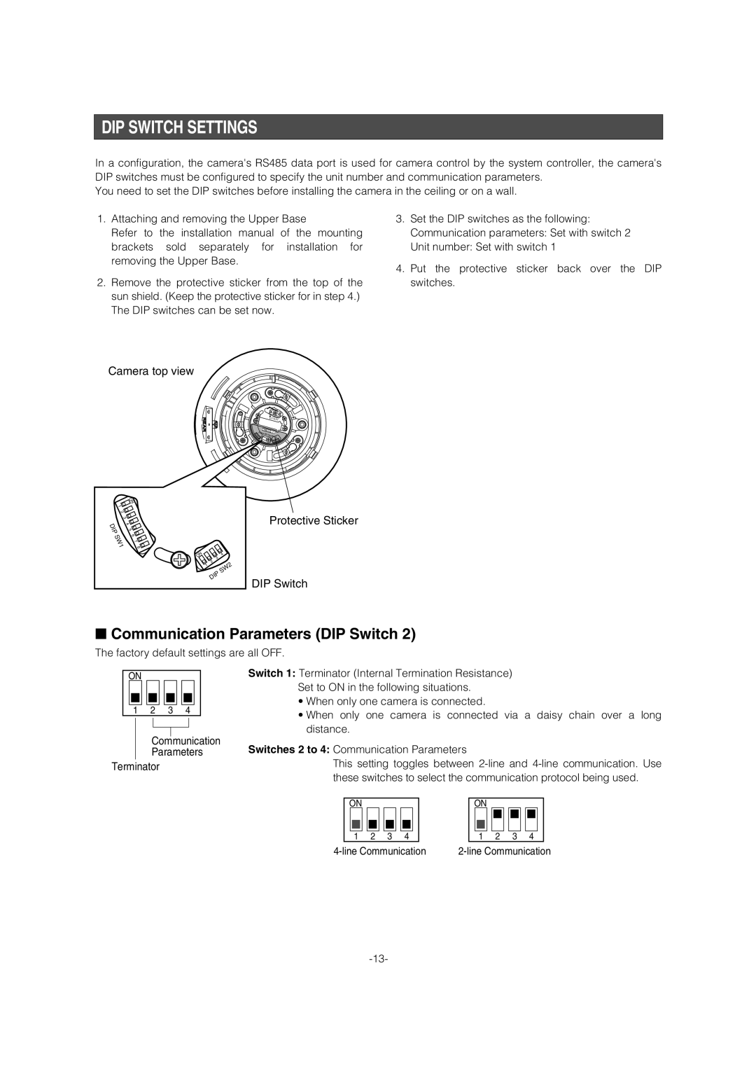 Panasonic WV-CW964 operating instructions DIP Switch Settings, Communication Parameters DIP Switch 