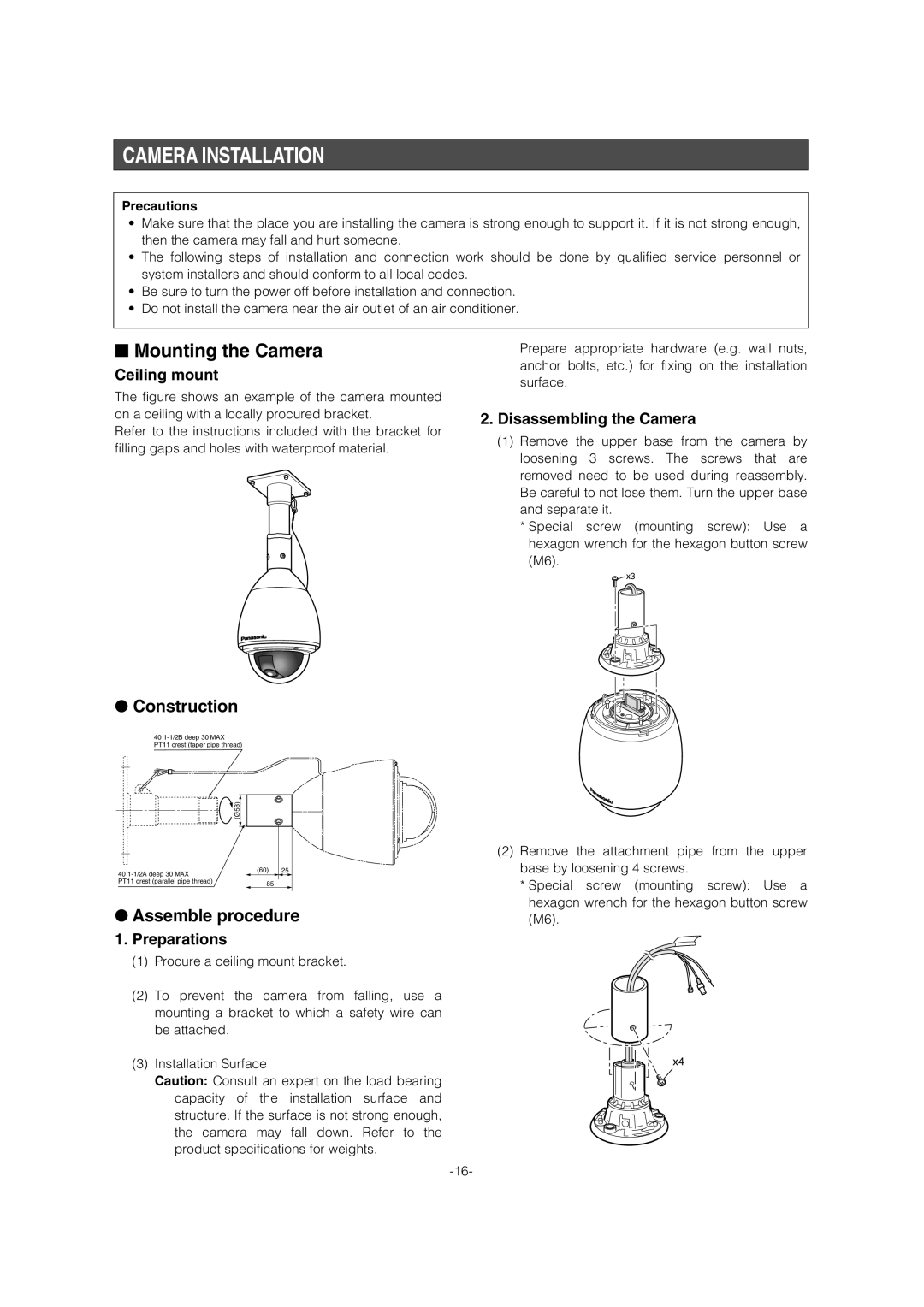 Panasonic WV-CW964 Camera Installation, Mounting the Camera, Construction, Assemble procedure, Precautions 
