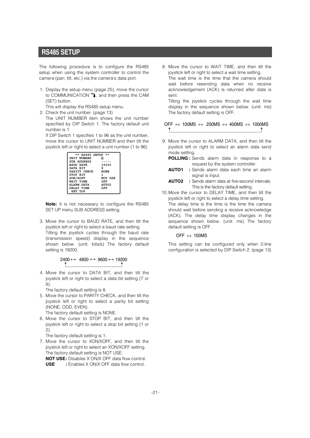 Panasonic WV-CW964 operating instructions RS485 Setup, Use, Enables X ON/X OFF data flow control, AUTO1, AUTO2 