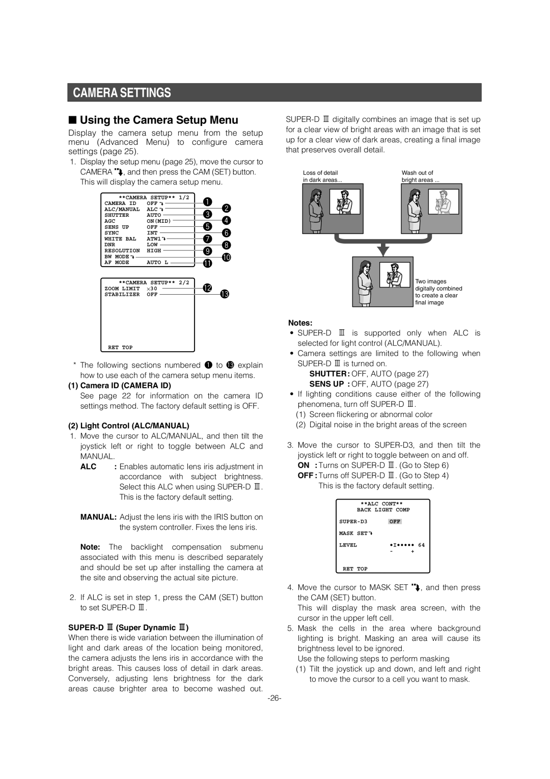 Panasonic WV-CW964 operating instructions Camera Settings, Using the Camera Setup Menu, Alc 