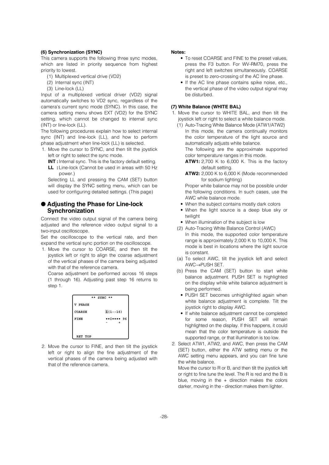 Panasonic WV-CW964 Adjusting the Phase for Line-lock Synchronization, Synchronization Sync, White Balance White BAL 