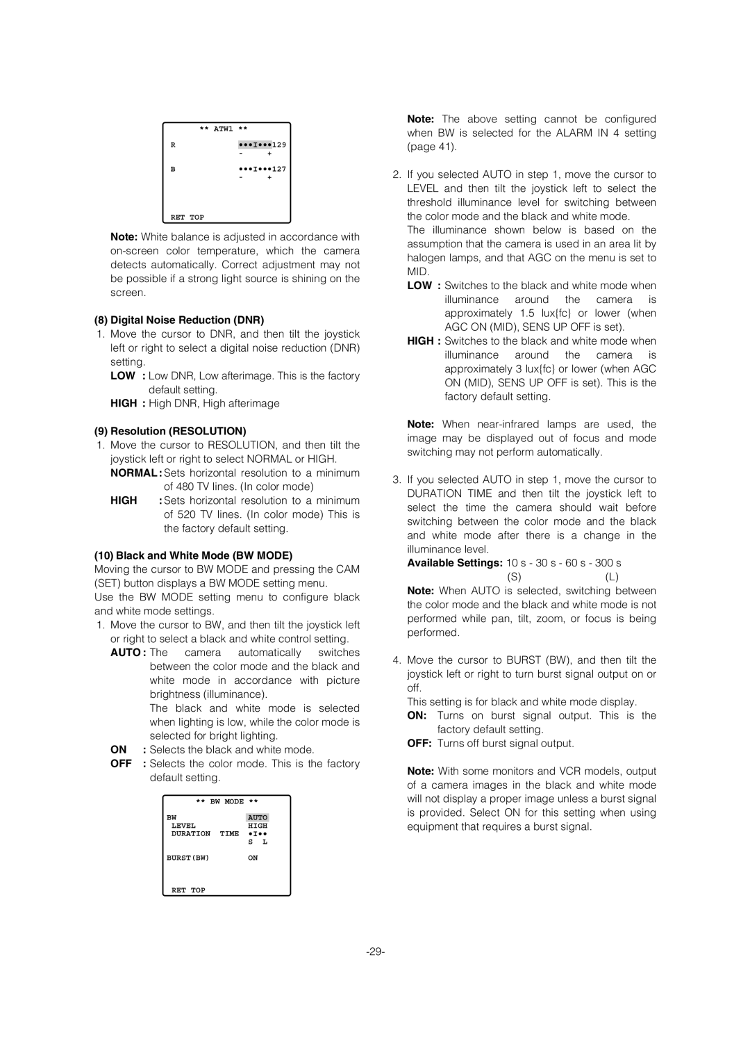 Panasonic WV-CW964 operating instructions Digital Noise Reduction DNR, Resolution Resolution, Black and White Mode BW Mode 