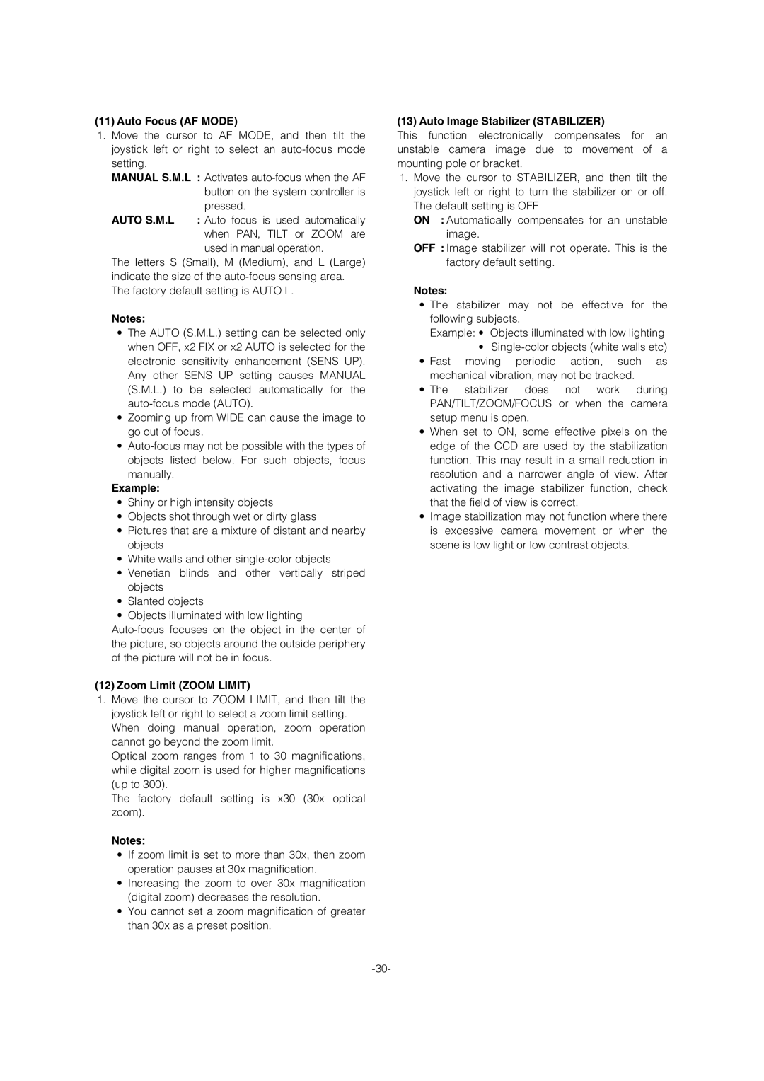 Panasonic WV-CW964 Auto Focus AF Mode, Example, Zoom Limit Zoom Limit, Auto Image Stabilizer Stabilizer 