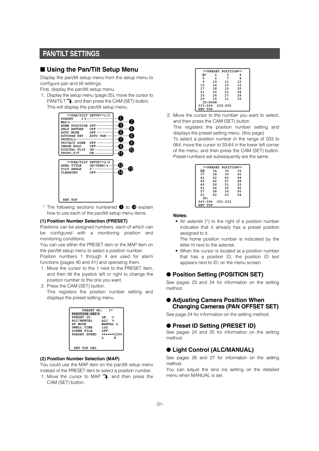 Panasonic WV-CW964 operating instructions PAN/TILT Settings, Using the Pan/Tilt Setup Menu, Light Control ALC/MANUAL 