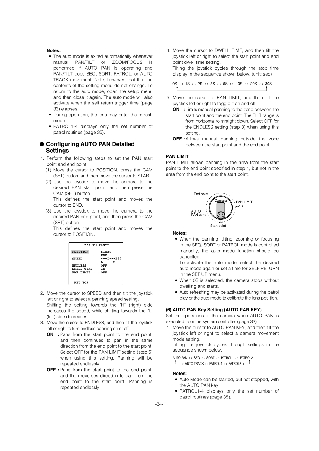 Panasonic WV-CW964 Configuring Auto PAN Detailed Settings, PAN Limit, Auto PAN Key Setting Auto PAN KEY 