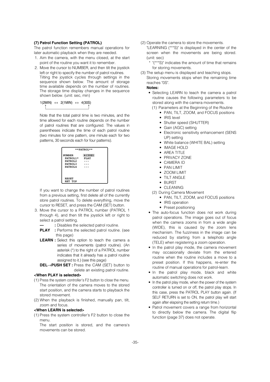 Panasonic WV-CW964 operating instructions Patrol Function Setting Patrol, When Play is selected, When Learn is selected 