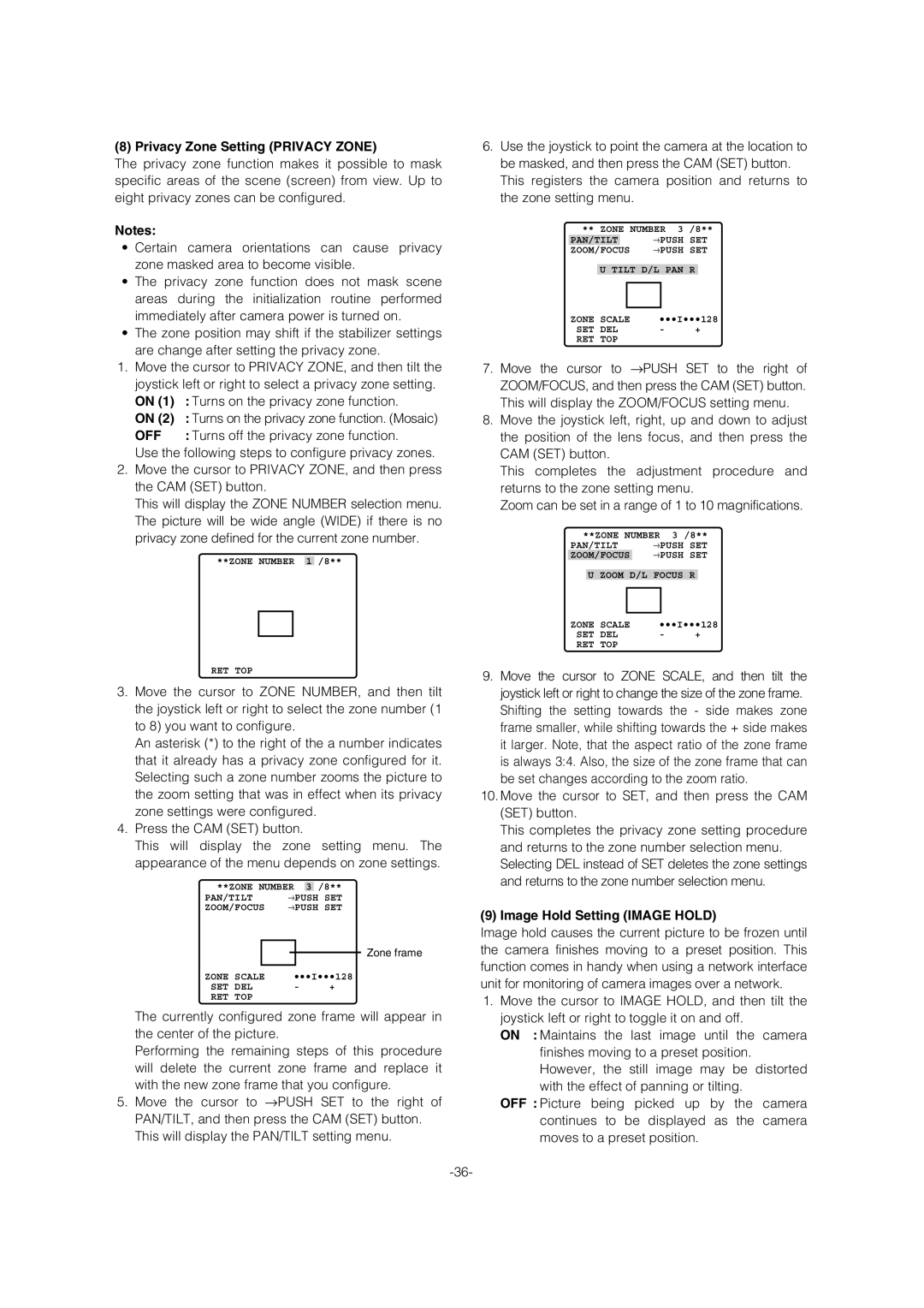 Panasonic WV-CW964 operating instructions Privacy Zone Setting Privacy Zone, Image Hold Setting Image Hold 