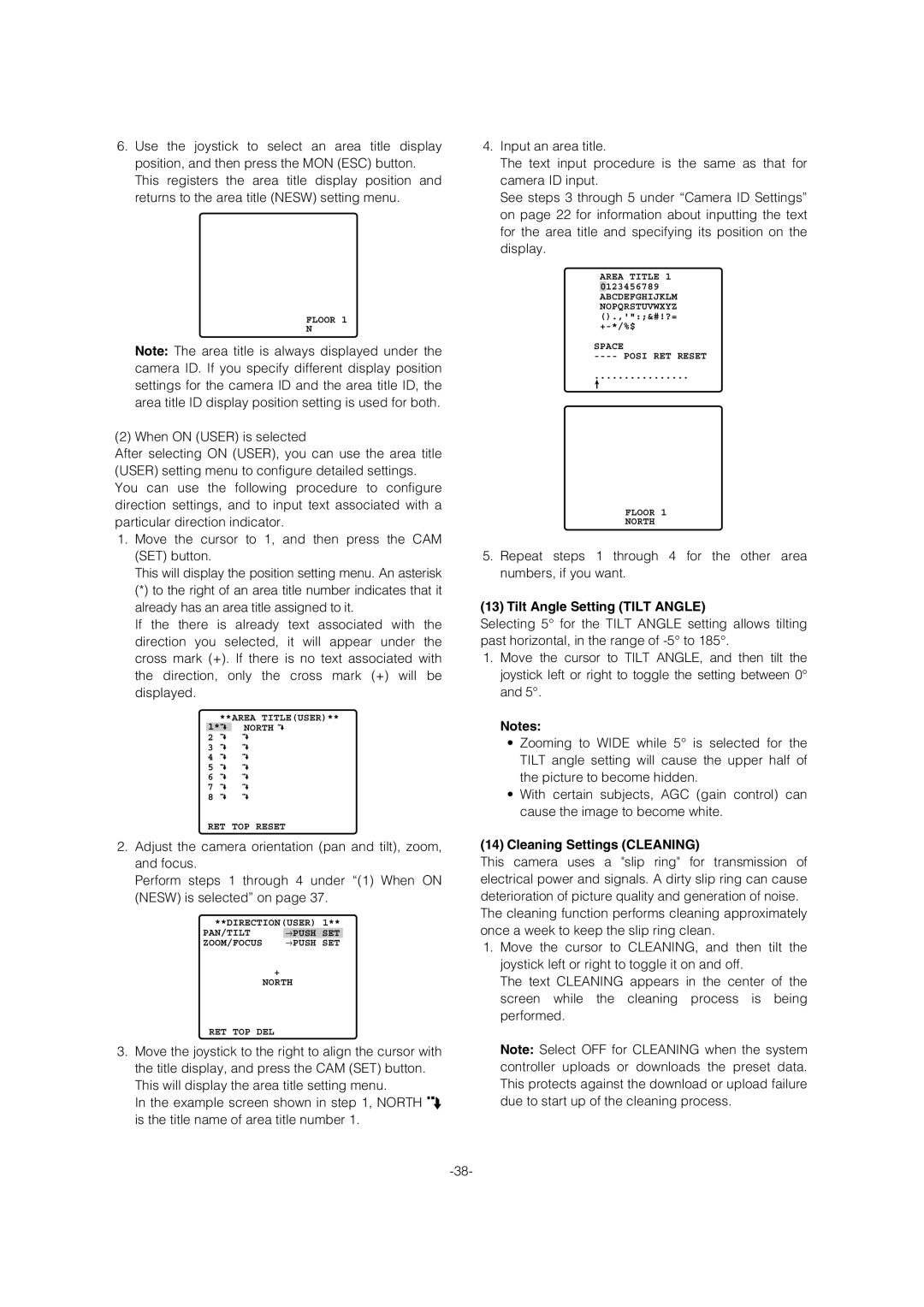 Panasonic WV-CW964 operating instructions Tilt Angle Setting Tilt Angle, Cleaning Settings Cleaning 