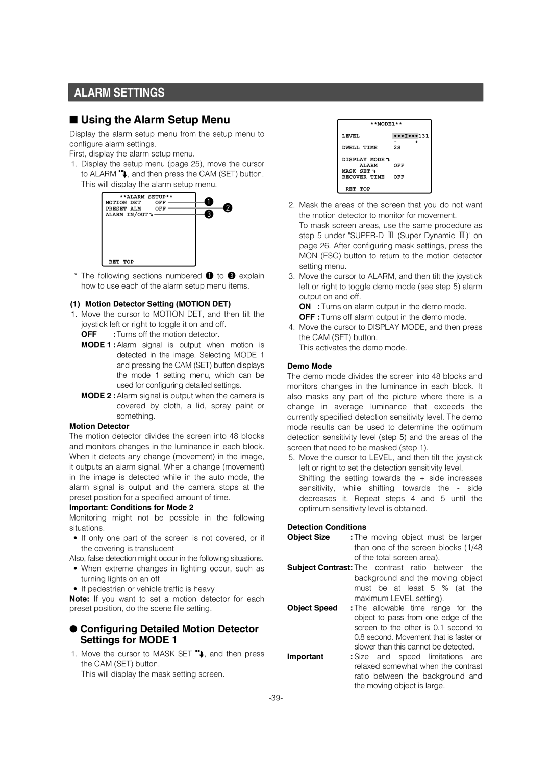 Panasonic WV-CW964 Alarm Settings, Using the Alarm Setup Menu, Configuring Detailed Motion Detector Settings for Mode 