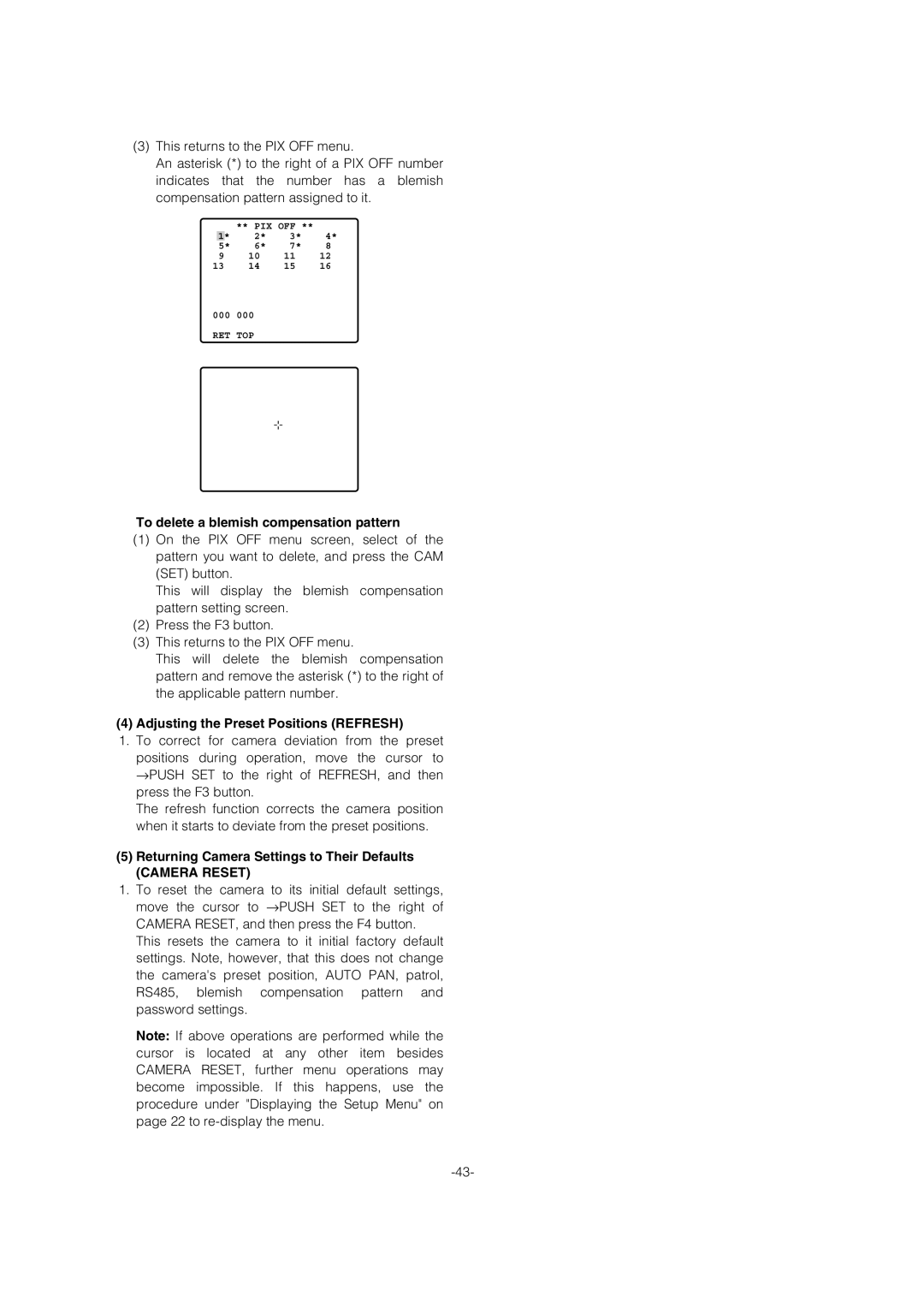 Panasonic WV-CW964 To delete a blemish compensation pattern, Adjusting the Preset Positions Refresh, Camera Reset 