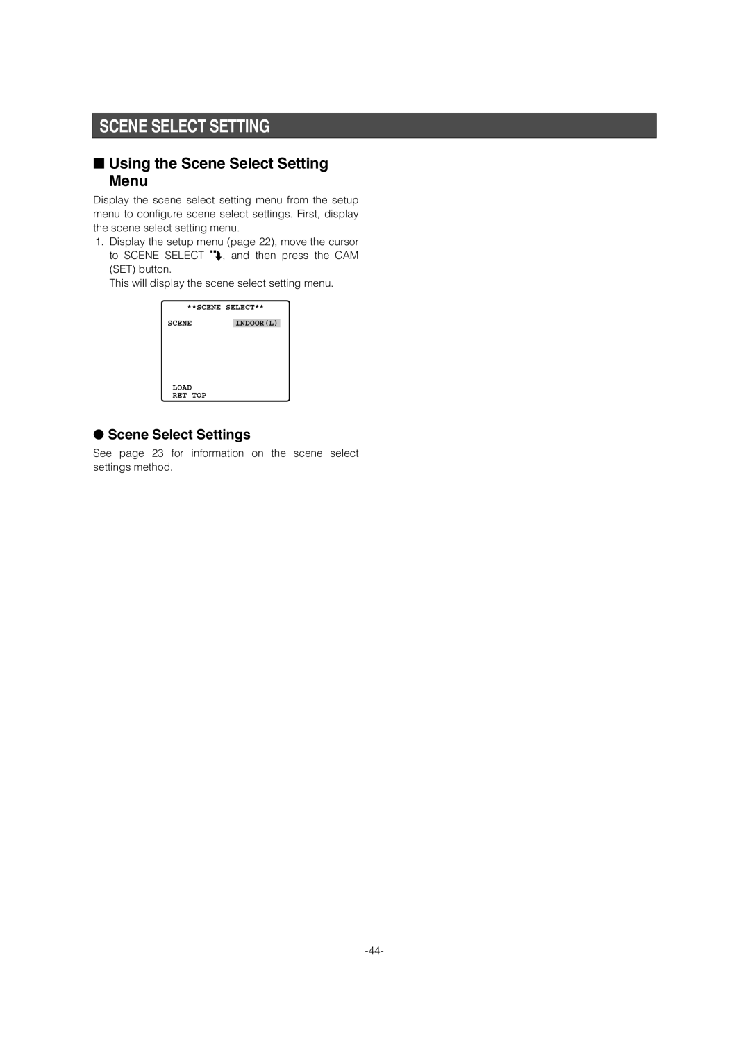 Panasonic WV-CW964 operating instructions Using the Scene Select Setting Menu 