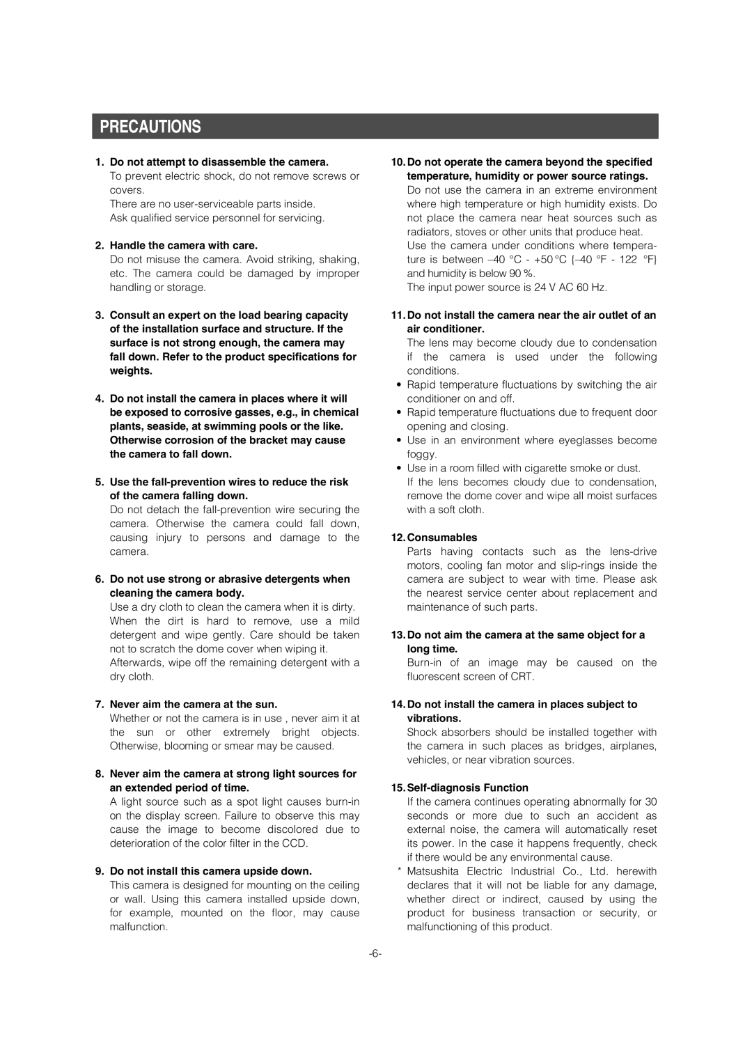 Panasonic WV-CW964 operating instructions Precautions 