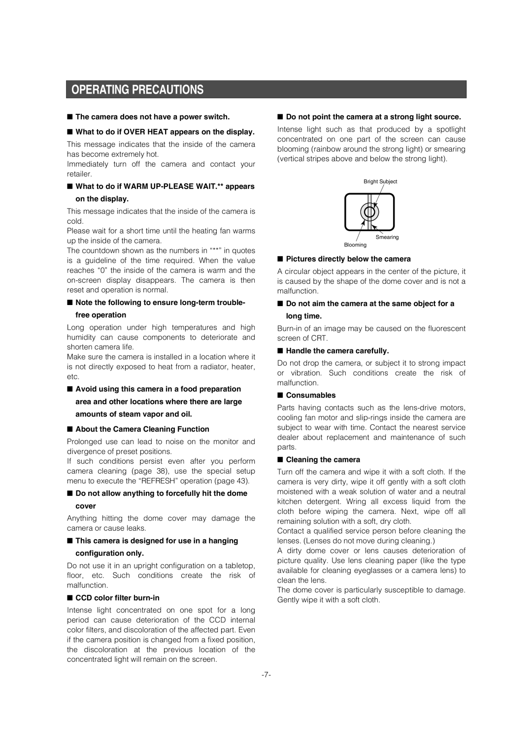 Panasonic WV-CW964 operating instructions Operating Precautions 