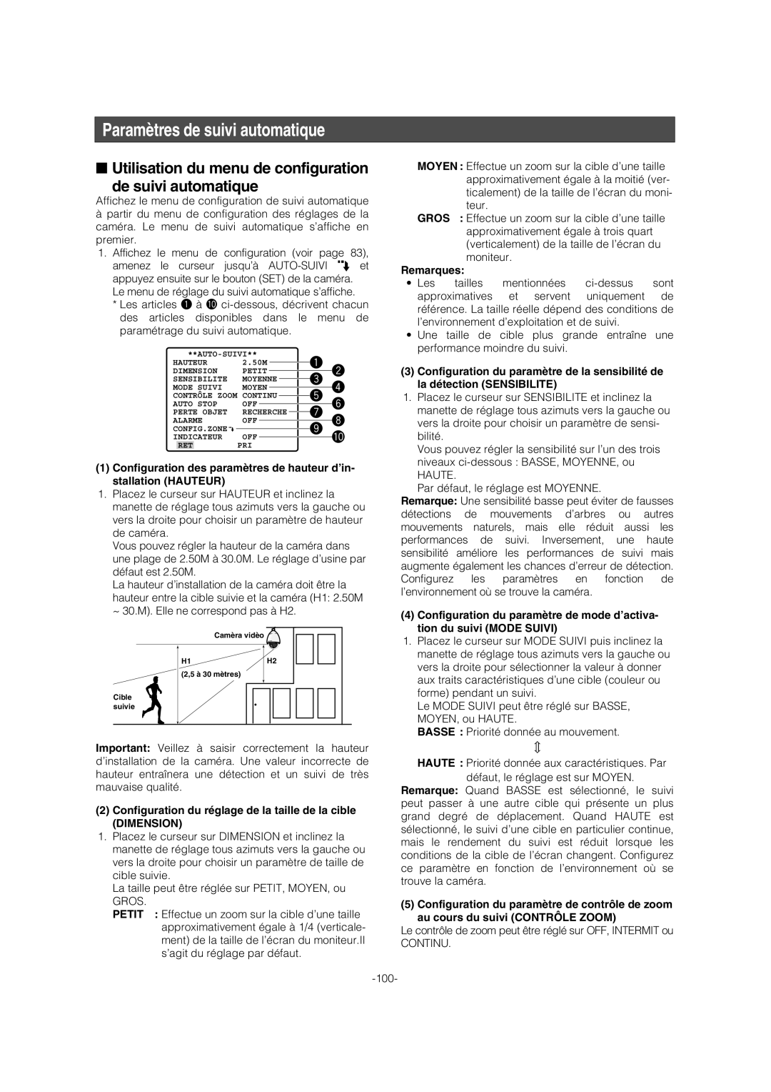 Panasonic WV-CW974 Paramètres de suivi automatique, Utilisation du menu de configuration De suivi automatique, Dimension 