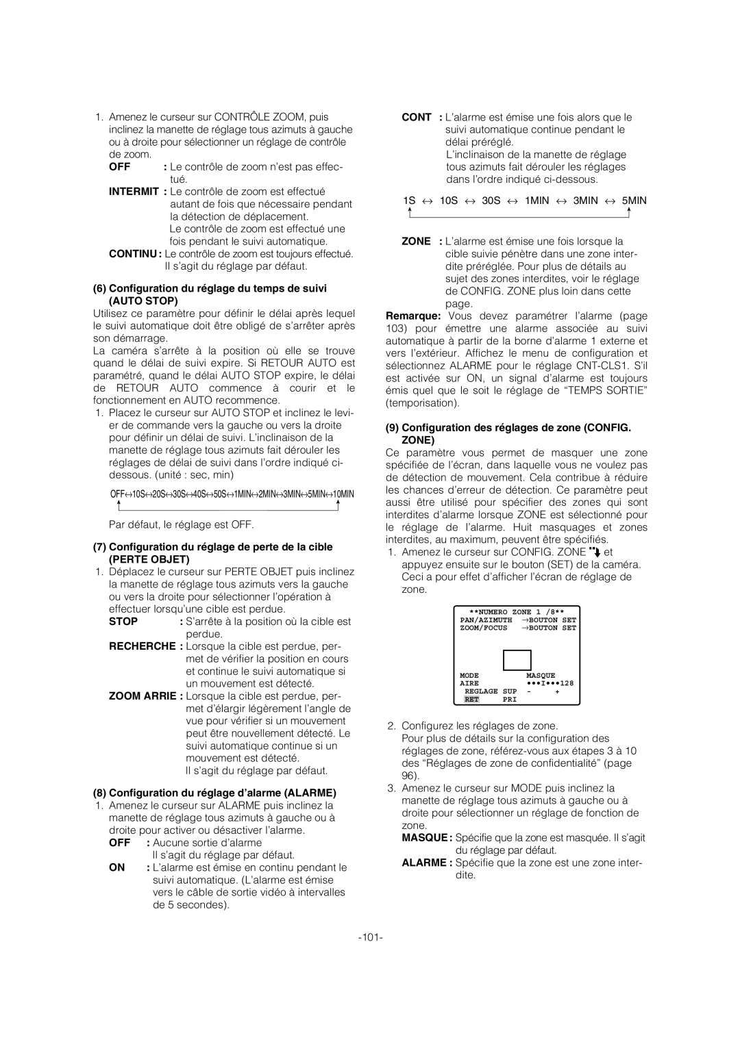 Panasonic WV-CW974 Configuration du réglage du temps de suivi Auto Stop, Configuration du réglage de perte de la cible 