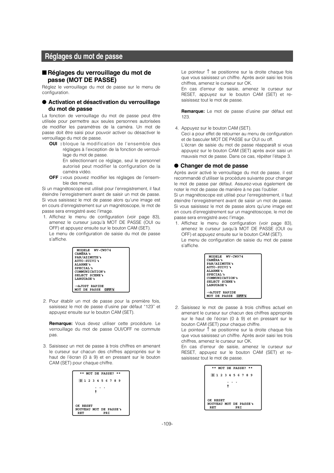 Panasonic WV-CW974 operating instructions Réglages du mot de passe, Réglages du verrouillage du mot de Passe MOT DE Passe 