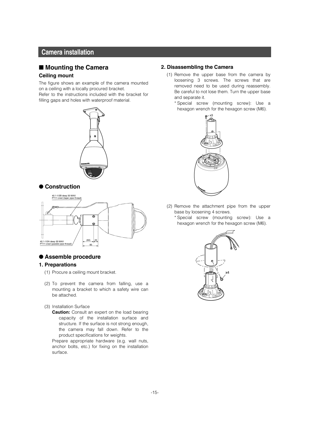 Panasonic WV-CW974 operating instructions Camera installation, Mounting the Camera, Construction, Assemble procedure 