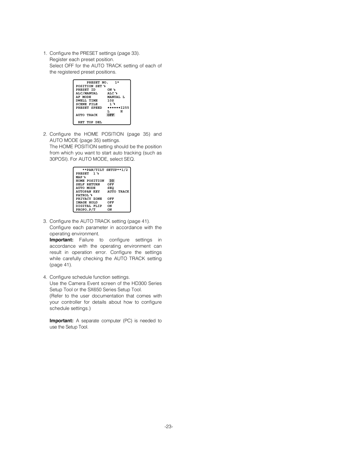 Panasonic WV-CW974 operating instructions Auto Track OFF RET TOP DEL 