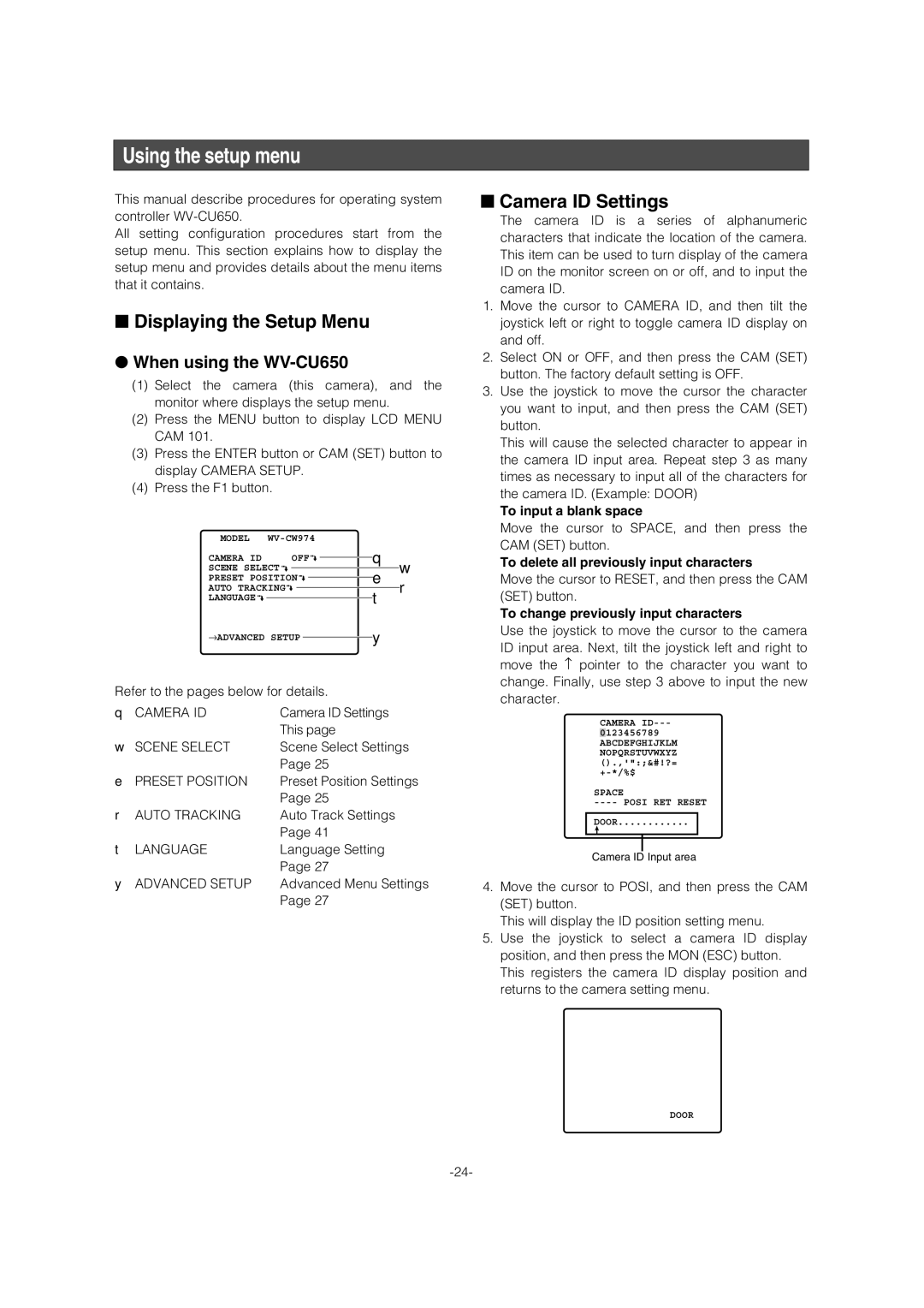 Panasonic WV-CW974 Using the setup menu, Displaying the Setup Menu, Camera ID Settings, When using the WV-CU650 