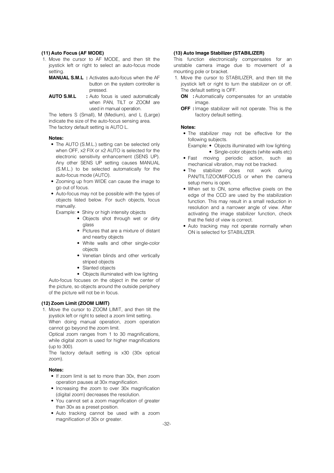 Panasonic WV-CW974 operating instructions Auto Focus AF Mode, Zoom Limit Zoom Limit, Auto Image Stabilizer Stabilizer 