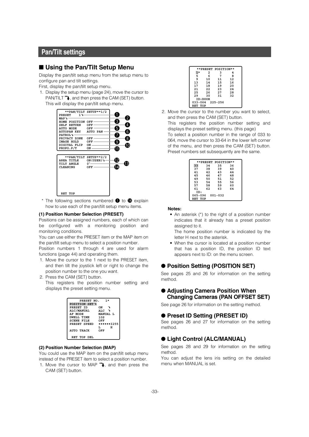 Panasonic WV-CW974 operating instructions Pan/Tilt settings, Using the Pan/Tilt Setup Menu, Light Control ALC/MANUAL 