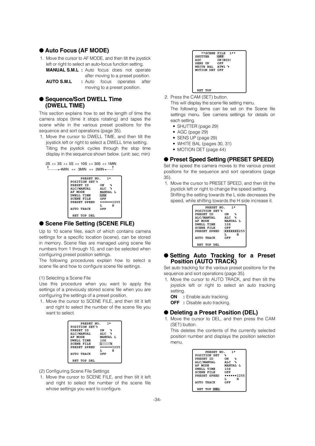 Panasonic WV-CW974 operating instructions Auto Focus AF Mode, Sequence/Sort Dwell Time, Scene File Setting Scene File 