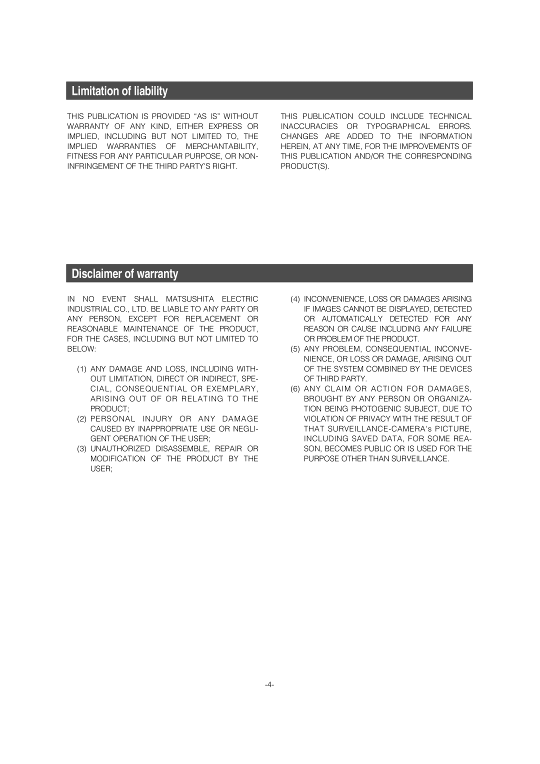 Panasonic WV-CW974 operating instructions Limitation of liability, Disclaimer of warranty 