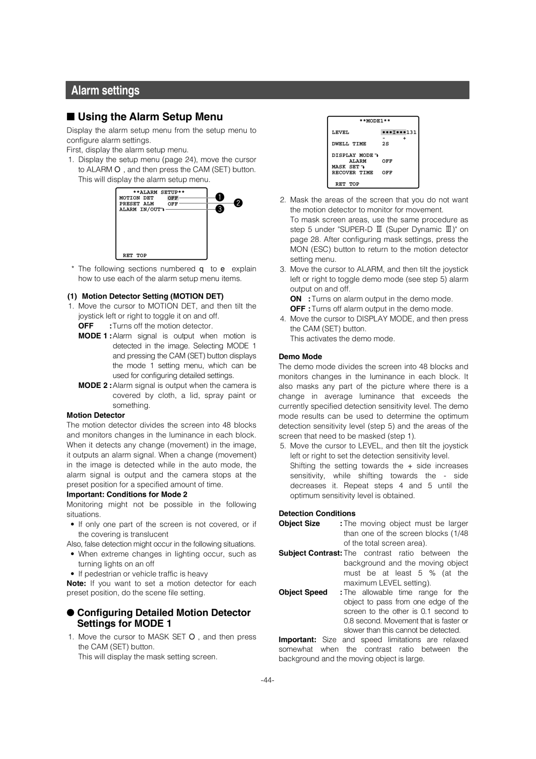 Panasonic WV-CW974 Alarm settings, Using the Alarm Setup Menu, Configuring Detailed Motion Detector Settings for Mode 