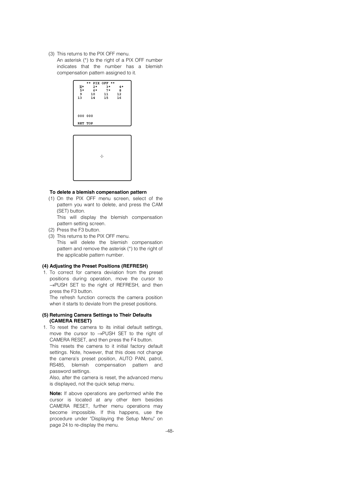 Panasonic WV-CW974 To delete a blemish compensation pattern, Adjusting the Preset Positions Refresh, Camera Reset 