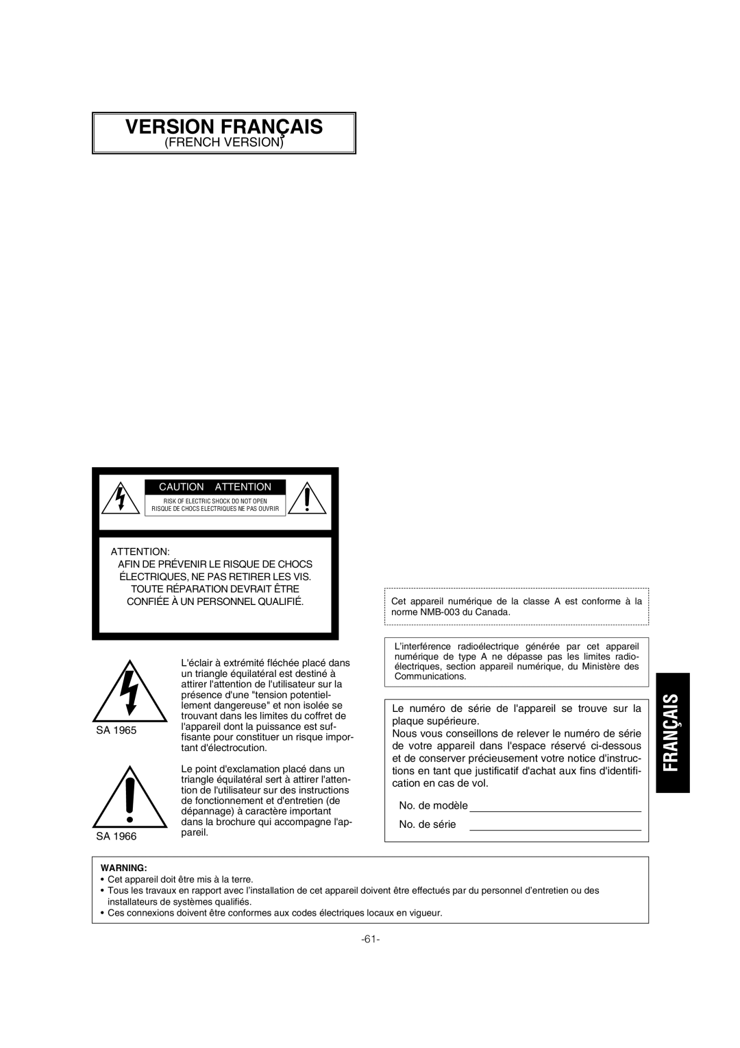 Panasonic WV-CW974 operating instructions Version Français 