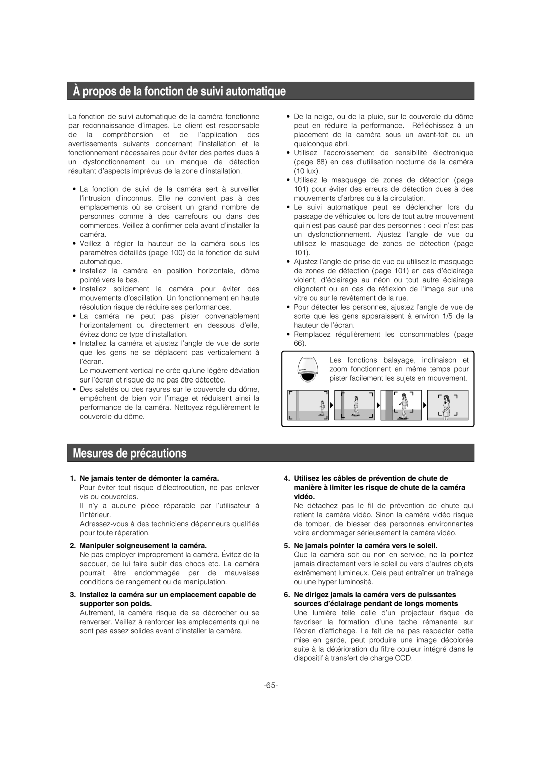 Panasonic WV-CW974 Propos de la fonction de suivi automatique, Mesures de précautions, Manipuler soigneusement la caméra 