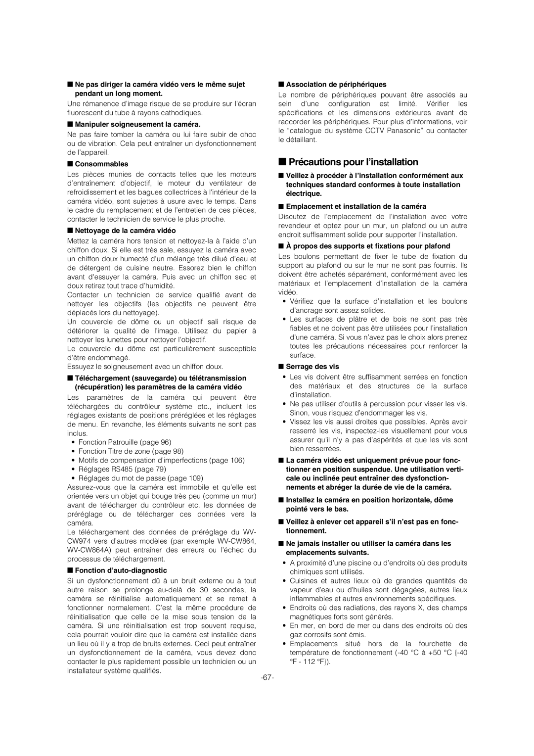 Panasonic WV-CW974 operating instructions Précautions pour l’installation 