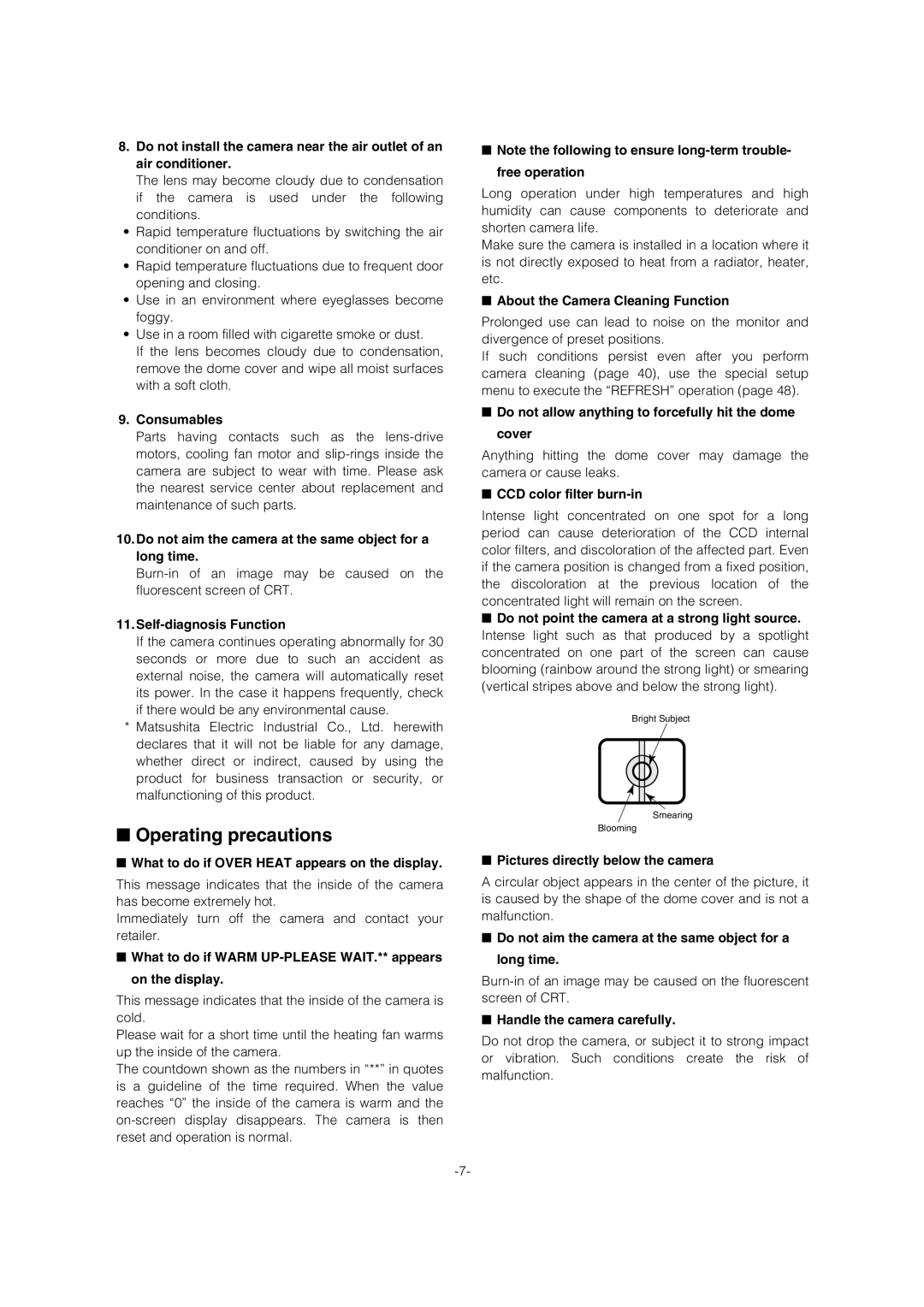 Panasonic WV-CW974 operating instructions Operating precautions 