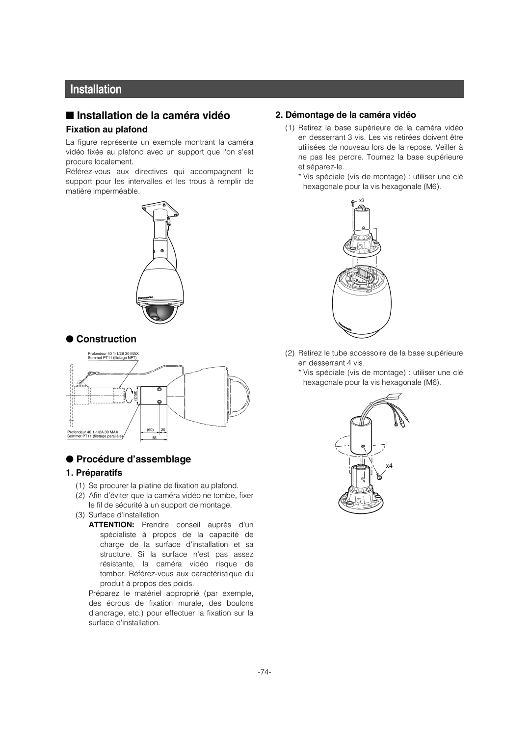 Panasonic WV-CW974 operating instructions Installation de la caméra vidéo, Procédure d’assemblage 